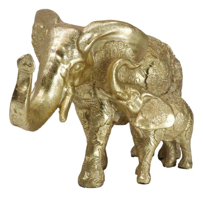 ebros gift Royal Gold Mandala Ornate Design Elephant and Calf with Trunks Up Figurine