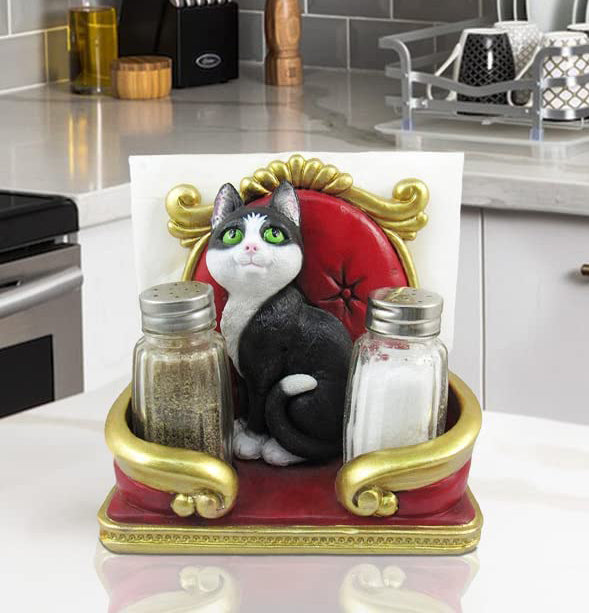 ebros gift Royal Service Black and White Tuxedo Cat Napkin And Salt Pepper Shakers Holder