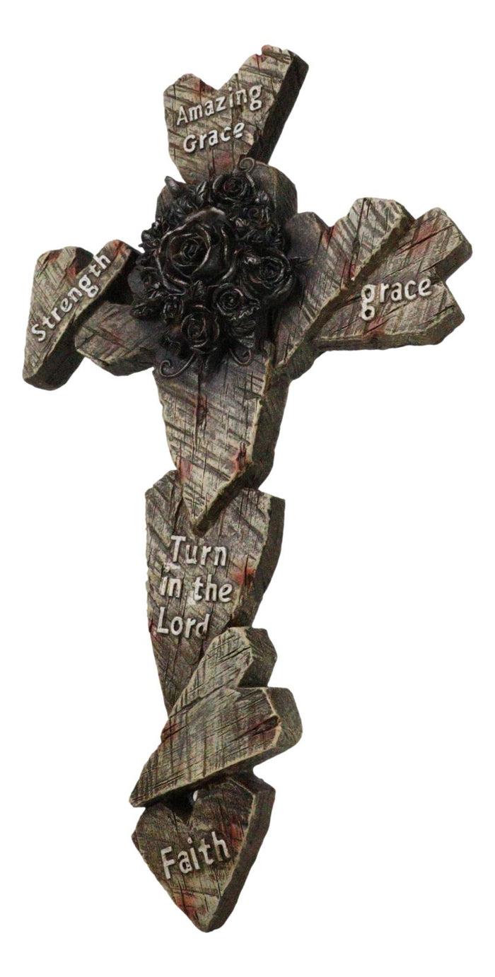 Ebros Gift Rustic Amazing Grace Strength Faith Blooming Roses Faux Wood Hearts Wall Cross