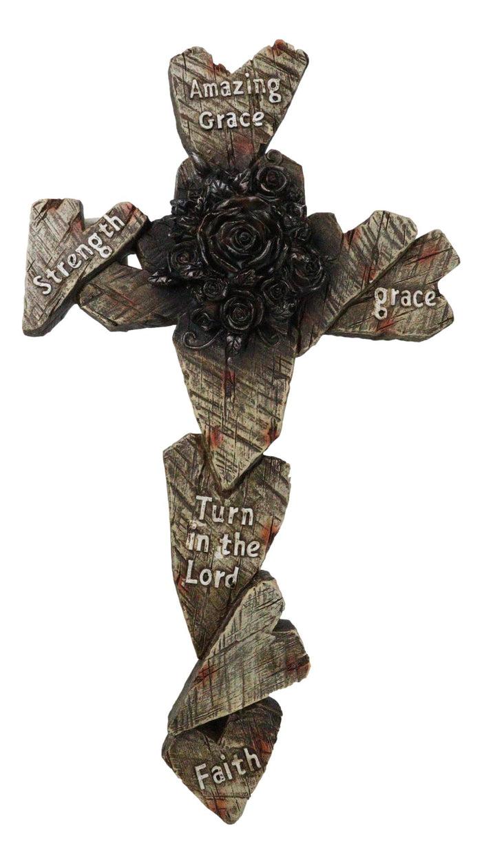 ebros gift Rustic Amazing Grace Strength Faith Blooming Roses Faux Wood Hearts Wall Cross