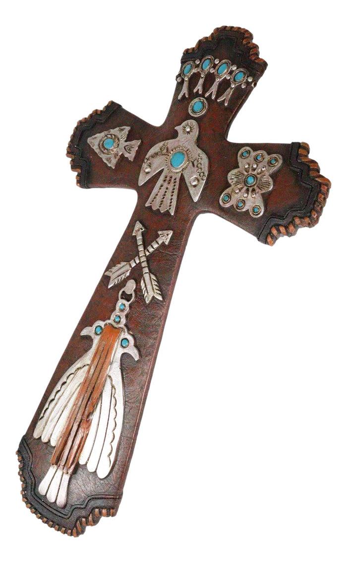 Ebros Gift Rustic Aztec Mayan Indian Silver Bird Crossed Arrows Turquoise Stones Wall Cross