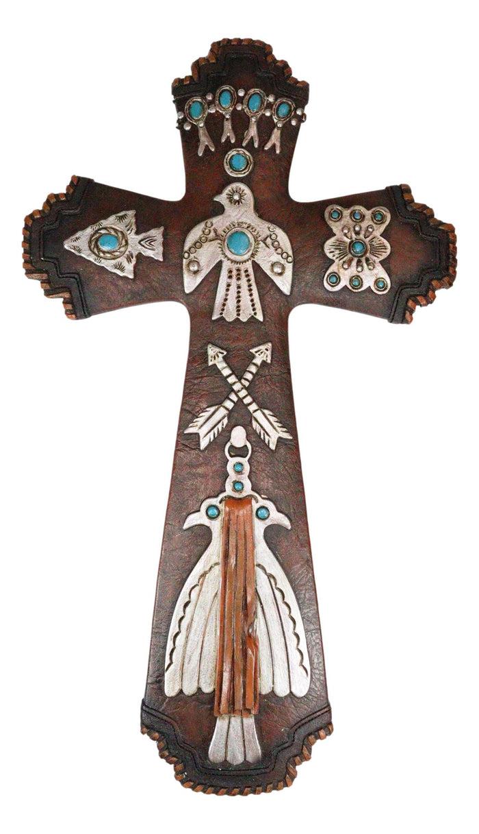 Ebros Gift Rustic Aztec Mayan Indian Silver Bird Crossed Arrows Turquoise Stones Wall Cross