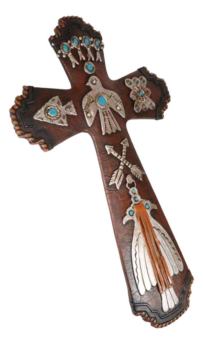 Ebros Gift Rustic Aztec Mayan Indian Silver Bird Crossed Arrows Turquoise Stones Wall Cross