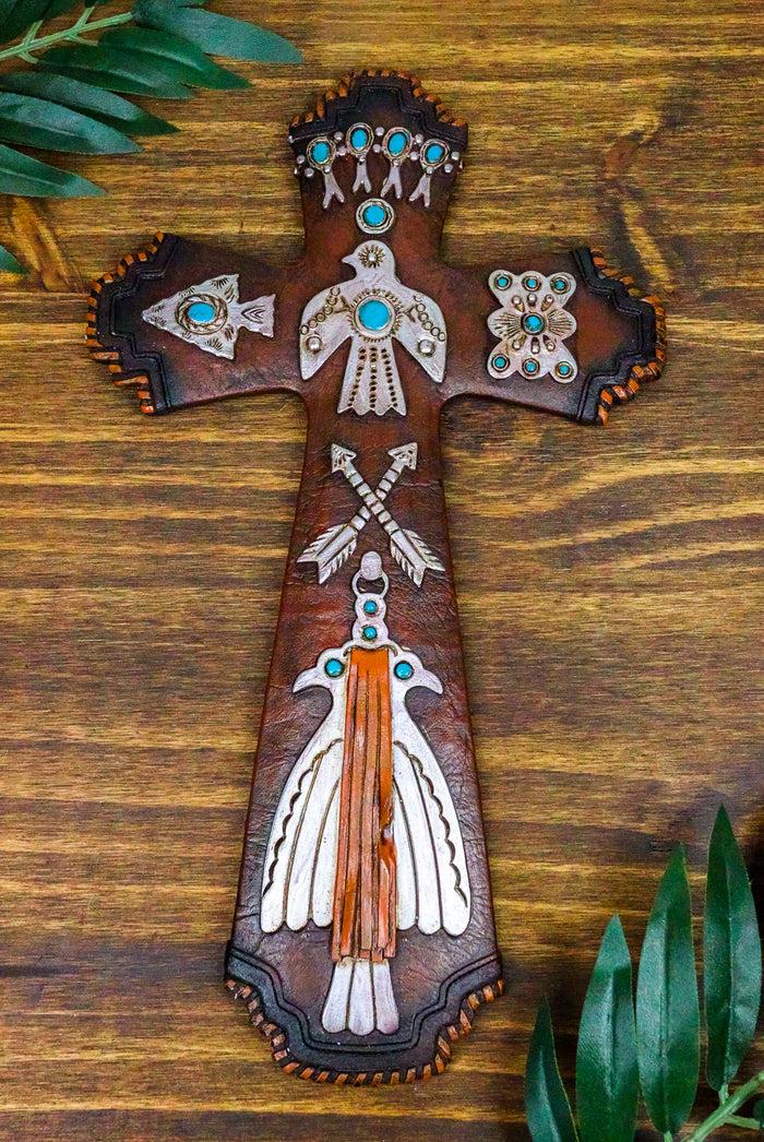 ebros gift Rustic Aztec Mayan Indian Silver Bird Crossed Arrows Turquoise Stones Wall Cross