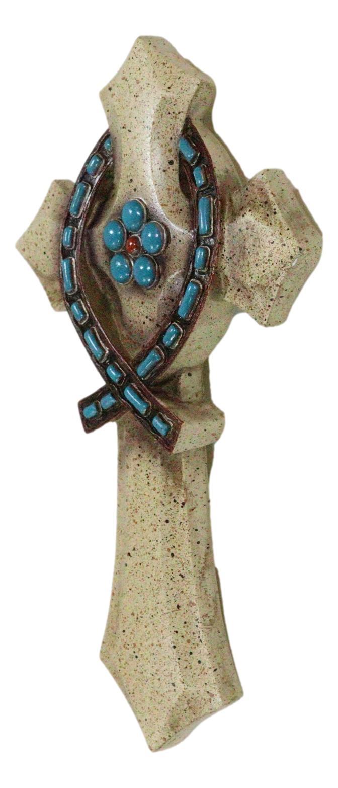 Ebros Gift Rustic Beige Greek Ichthys Christ Fish Symbol With Turquoise Gems Wall Cross