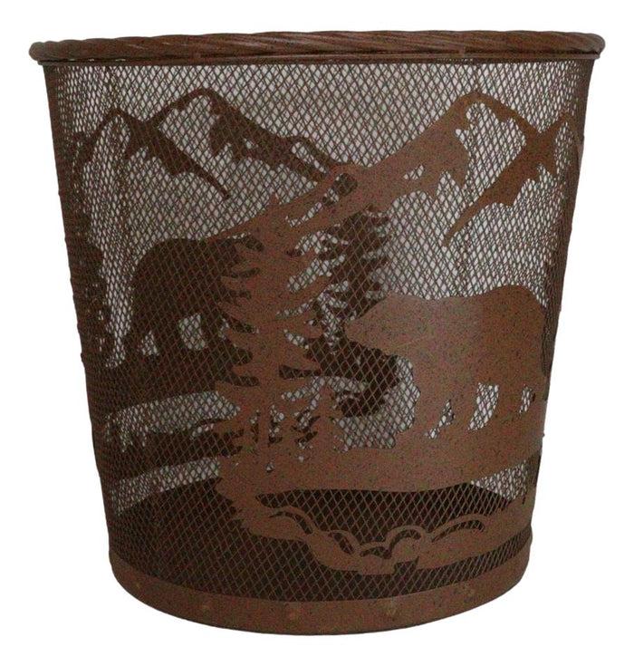 Ebros Gift Rustic Black Bear By Pine Forest Mountains Metal Wire Waste Basket Trash Bin