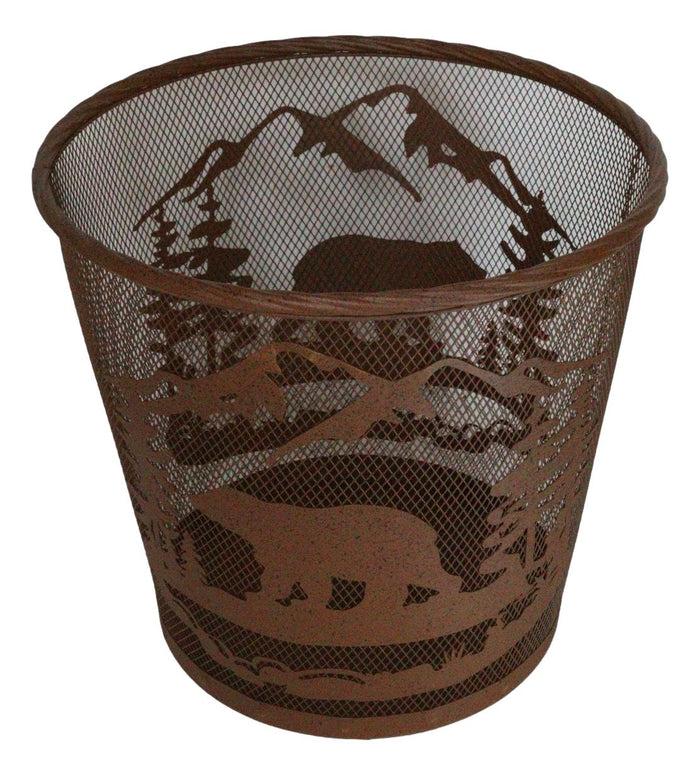 Ebros Gift Rustic Black Bear By Pine Forest Mountains Metal Wire Waste Basket Trash Bin