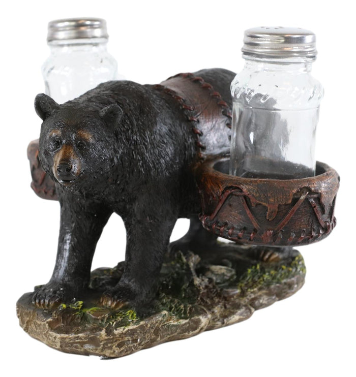 Ebros Gift Rustic Black Bear Carrying Saddlebags Holder With Glass Salt And Pepper Shakers
