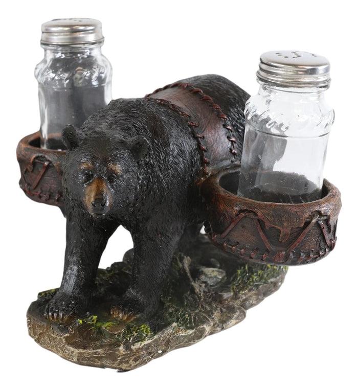 Ebros Gift Rustic Black Bear Carrying Saddlebags Holder With Glass Salt And Pepper Shakers