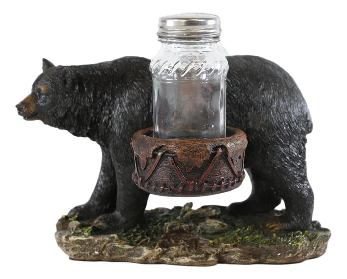 Ebros Gift Rustic Black Bear Carrying Saddlebags Holder With Glass Salt And Pepper Shakers
