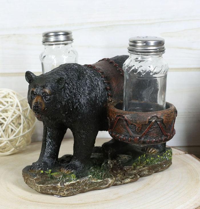 ebros gift Rustic Black Bear Carrying Saddlebags Holder With Glass Salt And Pepper Shakers