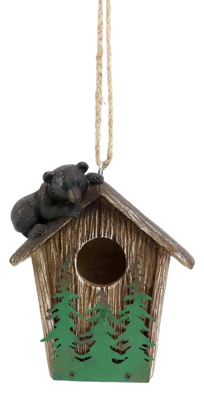 Ebros Gift Rustic Black Bear Cub Climbing Pine Trees Birdhouse Roof Hanging Bird Feeder