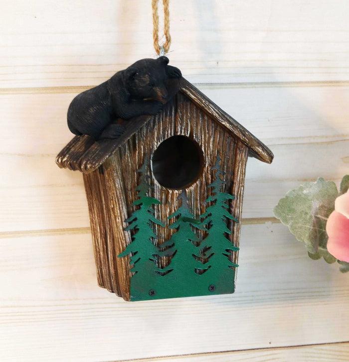 ebros gift Rustic Black Bear Cub Climbing Pine Trees Birdhouse Roof Hanging Bird Feeder