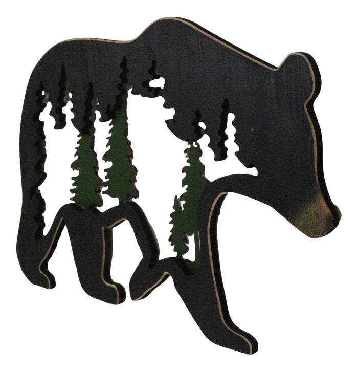 Ebros Gift Rustic Black Bear With Pine Trees Forest Silhouette Cutout Wooden Wall Decor