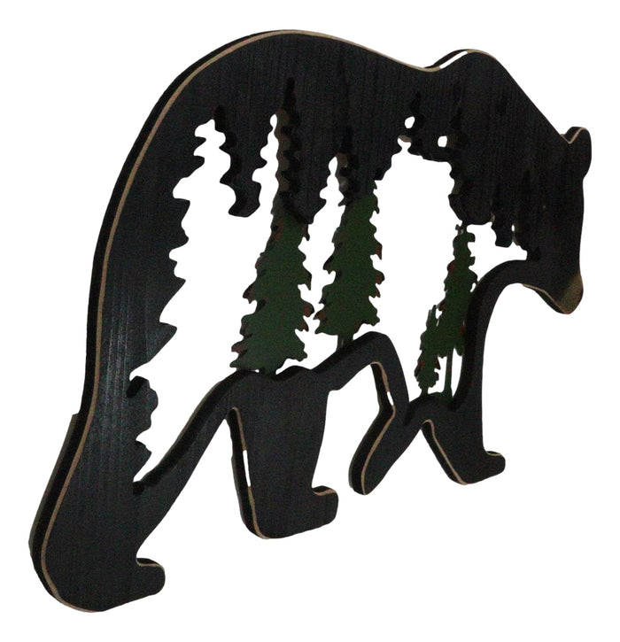 Ebros Gift Rustic Black Bear With Pine Trees Forest Silhouette Cutout Wooden Wall Decor