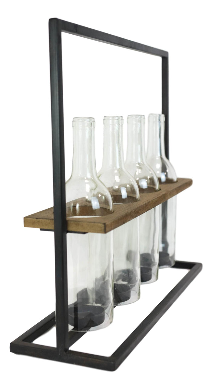 Ebros Gift Rustic Black Metal Stand With Wood And Glass Bottles Votive Candles Candleholder