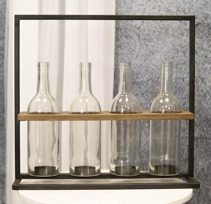 ebros gift Rustic Black Metal Stand With Wood And Glass Bottles Votive Candles Candleholder