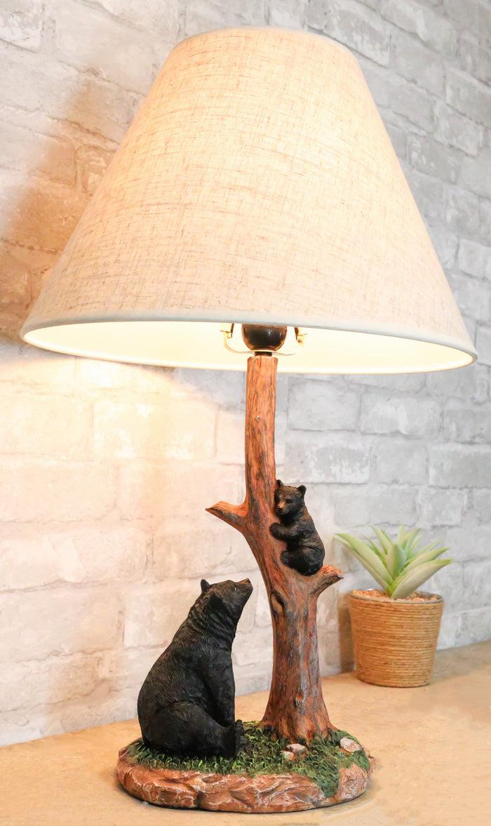 ebros gift Rustic Black Mother Bear Watching Over Cub Climbing On Tree Trunk Table Lamp