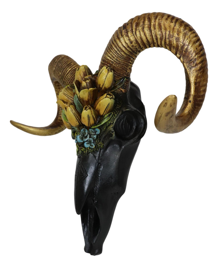 Ebros Gift Rustic Black Ram Skull With Golden Horns And Tulip Flowers Wall Trophy Decor