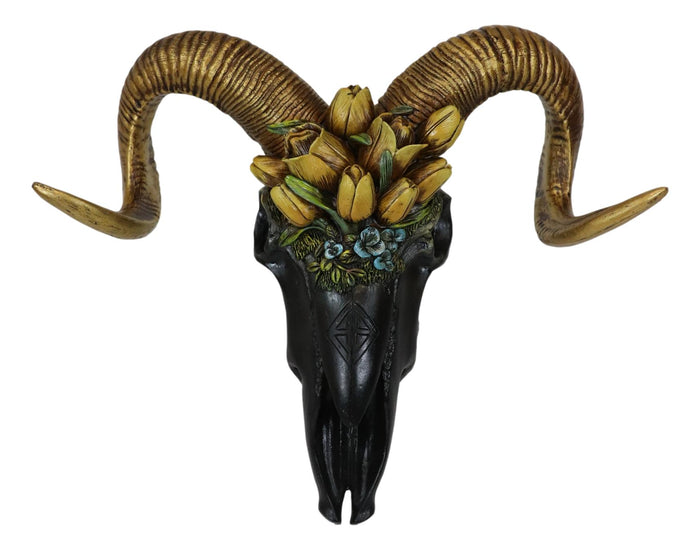 Ebros Gift Rustic Black Ram Skull With Golden Horns And Tulip Flowers Wall Trophy Decor