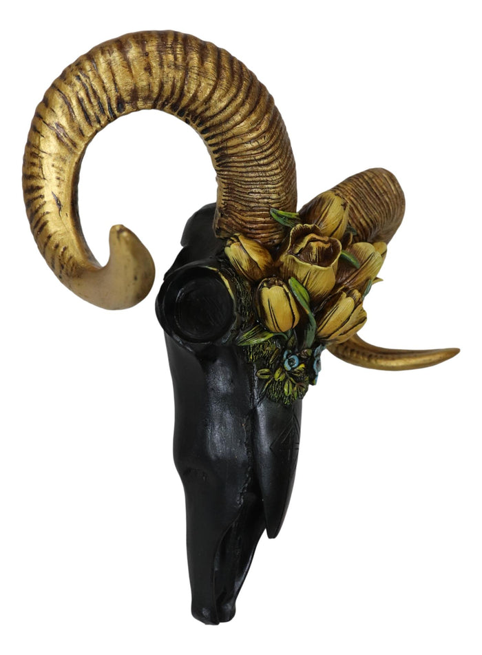 Ebros Gift Rustic Black Ram Skull With Golden Horns And Tulip Flowers Wall Trophy Decor