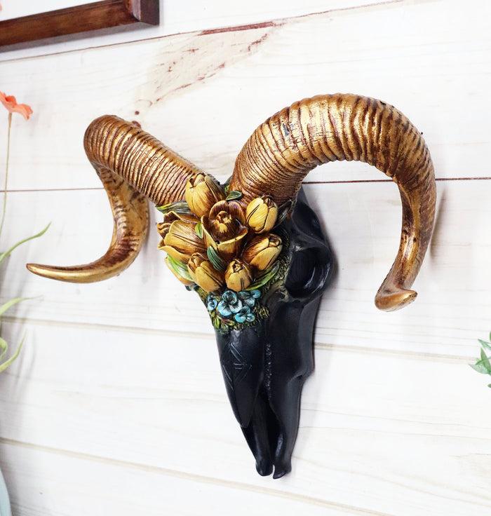 ebros gift Rustic Black Ram Skull With Golden Horns And Tulip Flowers Wall Trophy Decor