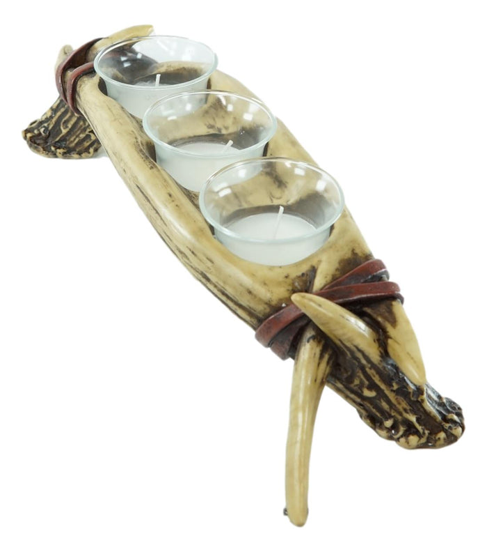Ebros Gift Rustic Buck Elk Deer Stag Entwined Bone Antlers 3 Votive Candles Holder Figurine
