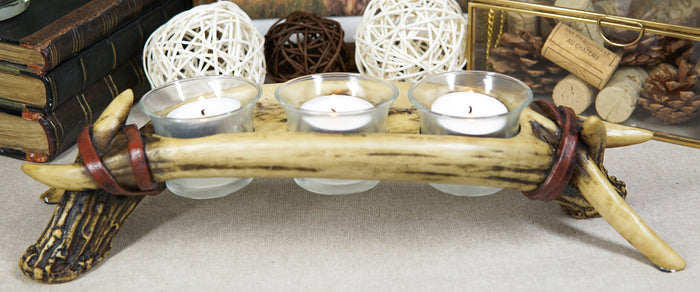 ebros gift Rustic Buck Elk Deer Stag Entwined Bone Antlers 3 Votive Candles Holder Figurine
