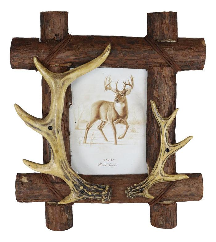 Ebros Gift Rustic Buckhorn Deer Antlers On Logs Picture Frame With Easel Back 5"X7" Photo
