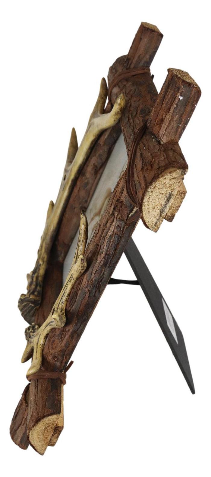 Ebros Gift Rustic Buckhorn Deer Antlers On Logs Picture Frame With Easel Back 5"X7" Photo