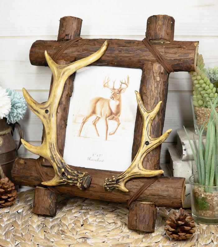 ebros gift Rustic Buckhorn Deer Antlers On Logs Picture Frame With Easel Back 5"X7" Photo