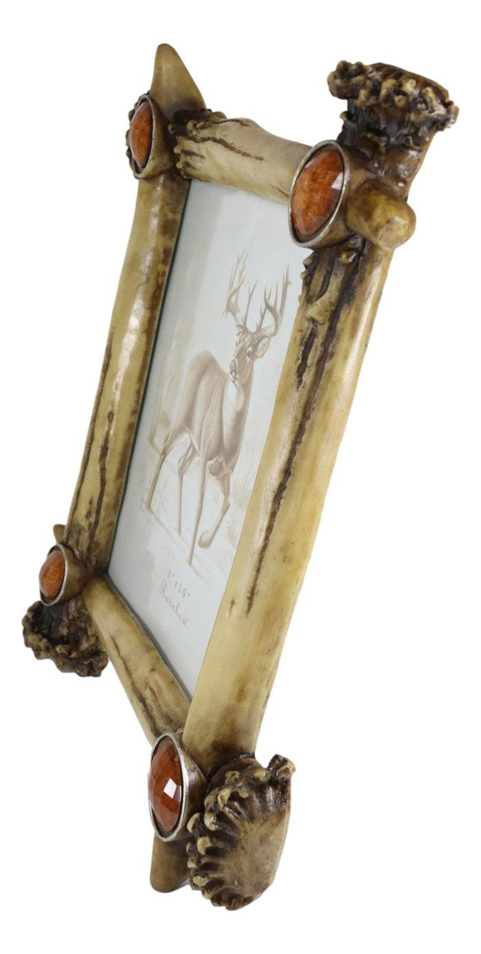 Ebros Gift Rustic Buckhorn Stag Deer Antlers With Amber Faux Gems Easel Picture Frame 8X10