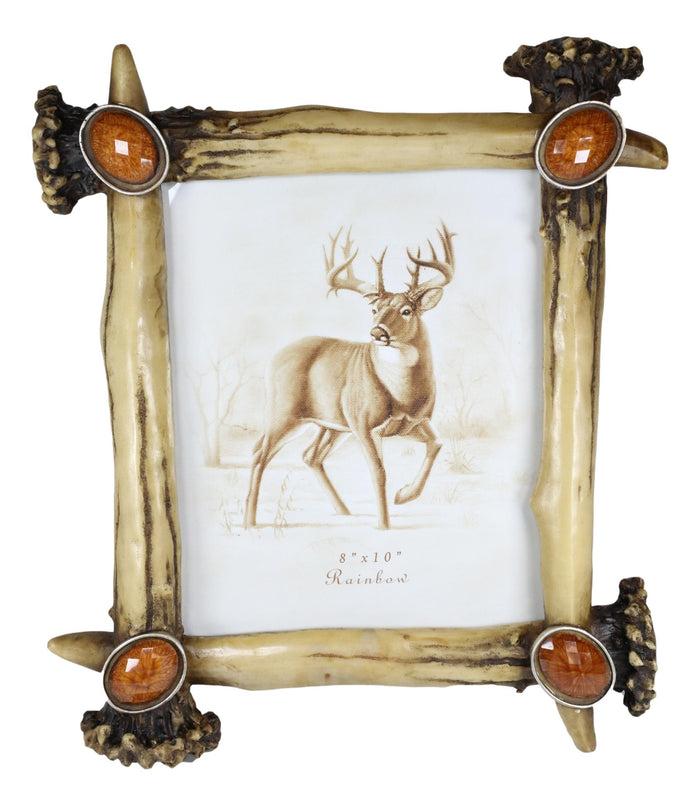 Ebros Gift Rustic Buckhorn Stag Deer Antlers With Amber Faux Gems Easel Picture Frame 8X10