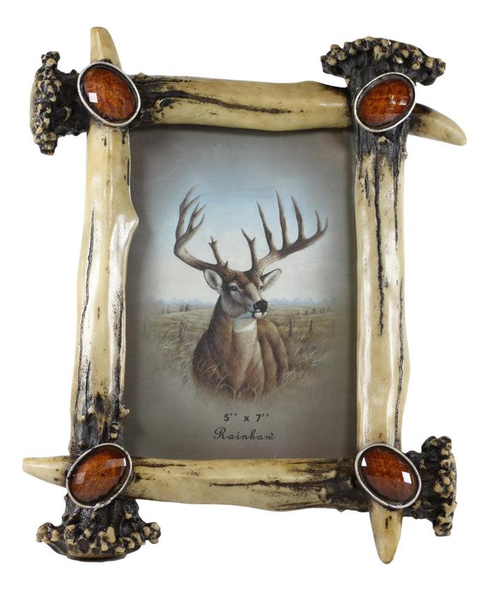 Ebros Gift Rustic Buckhorn Stag Deer Antlers With Amber Faux Gems Easel Back Picture Frame