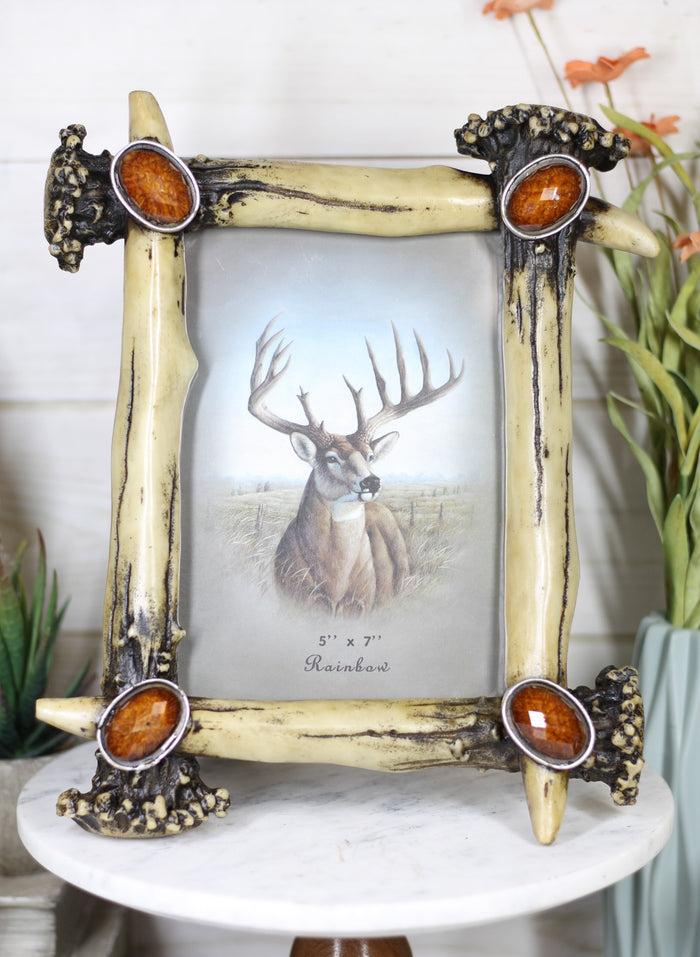 ebros gift Rustic Buckhorn Stag Deer Antlers With Amber Faux Gems Easel Back Picture Frame