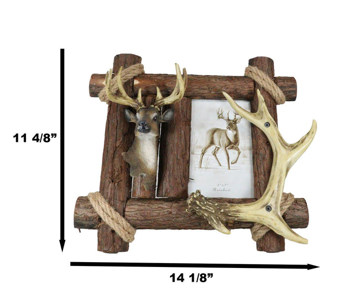 Ebros Gift Rustic Buckhorn Stag Deer Trophy Bust And Antlers With Wooden Logs Picture Frame