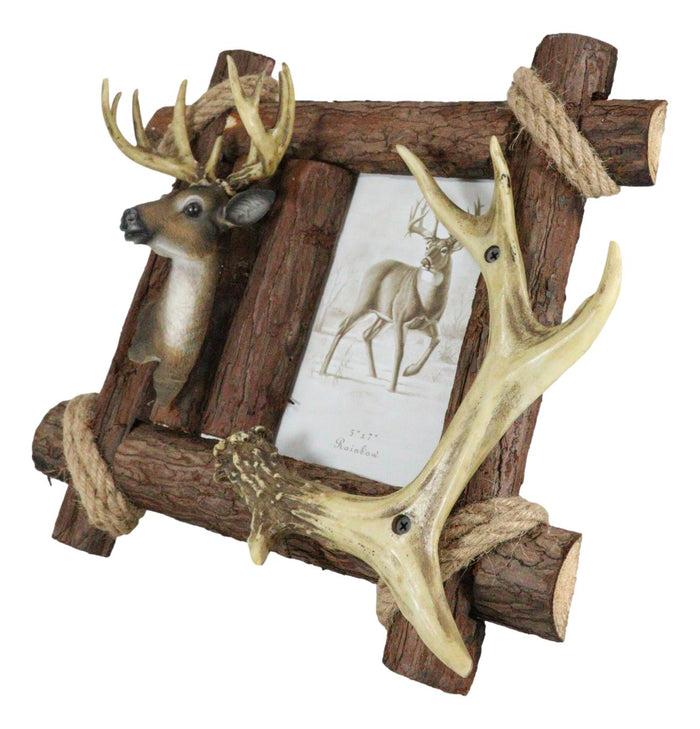 Ebros Gift Rustic Buckhorn Stag Deer Trophy Bust And Antlers With Wooden Logs Picture Frame