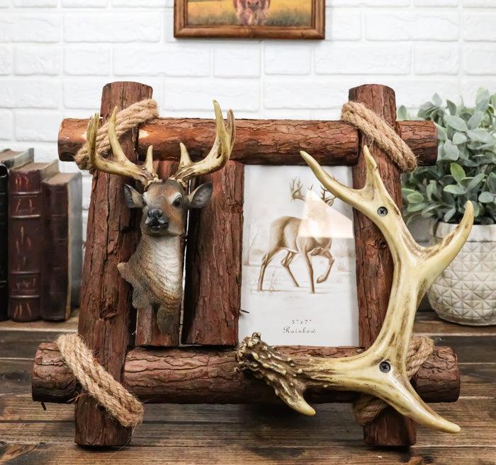 ebros gift Rustic Buckhorn Stag Deer Trophy Bust And Antlers With Wooden Logs Picture Frame