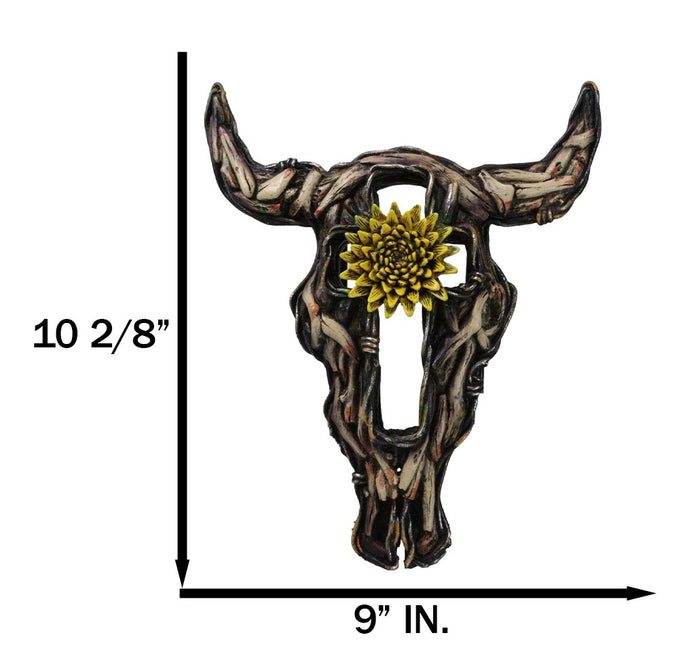 Ebros Gift Rustic Buffalo Cow Skull With Yellow Flower And Cross Faux Wooden Wall Decor