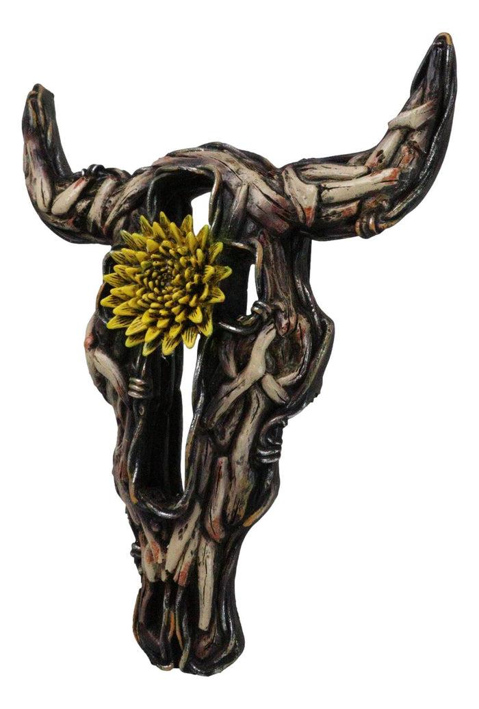 Ebros Gift Rustic Buffalo Cow Skull With Yellow Flower And Cross Faux Wooden Wall Decor