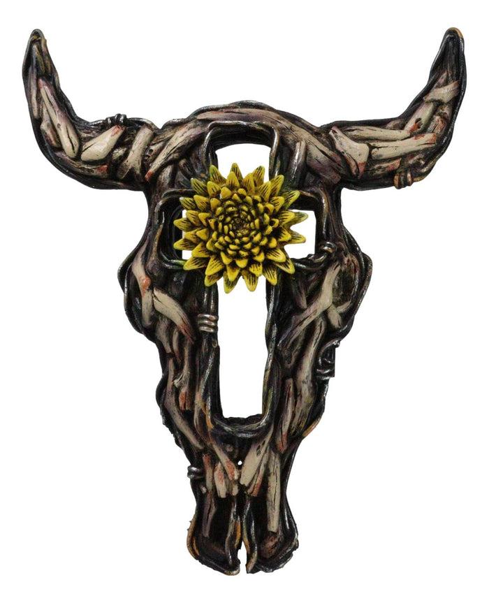 ebros gift Rustic Buffalo Cow Skull With Yellow Flower And Cross Faux Wooden Wall Decor