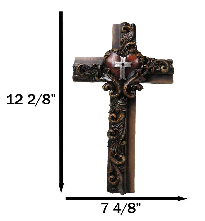 Ebros Gift Rustic Carved Faux Wooden Floral Scrollwork With Red Heart Multi Tone Wall Cross