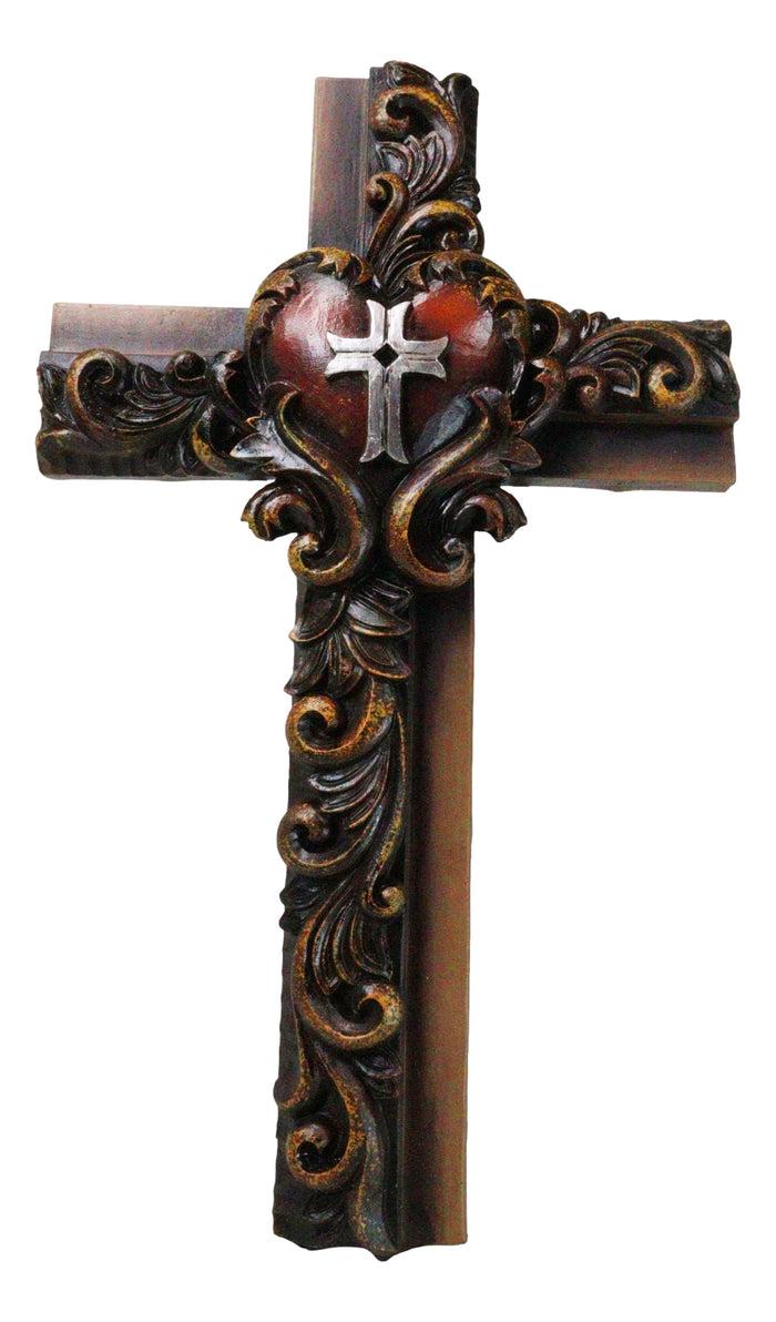 ebros gift Rustic Carved Faux Wooden Floral Scrollwork With Red Heart Multi Tone Wall Cross