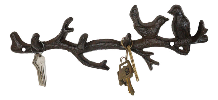 ebros gift Rustic Cast Iron 2 Lovebirds On Tree Branch Multi Points Wall Hooks 12.5" Long