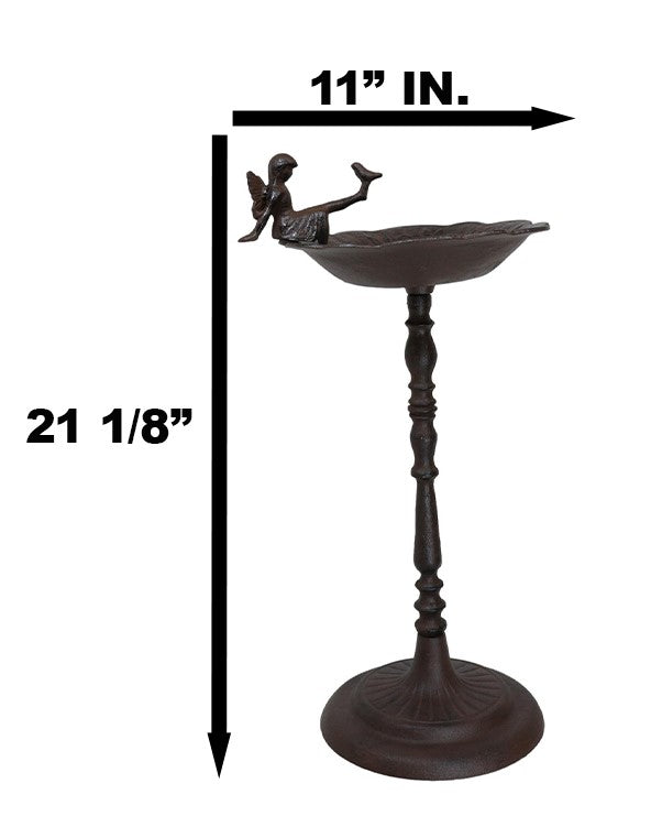 Ebros Gift Rustic Cast Iron Fairy Pixie Sitting On Flower Dish Garden Bird Feeder Bath 21"H