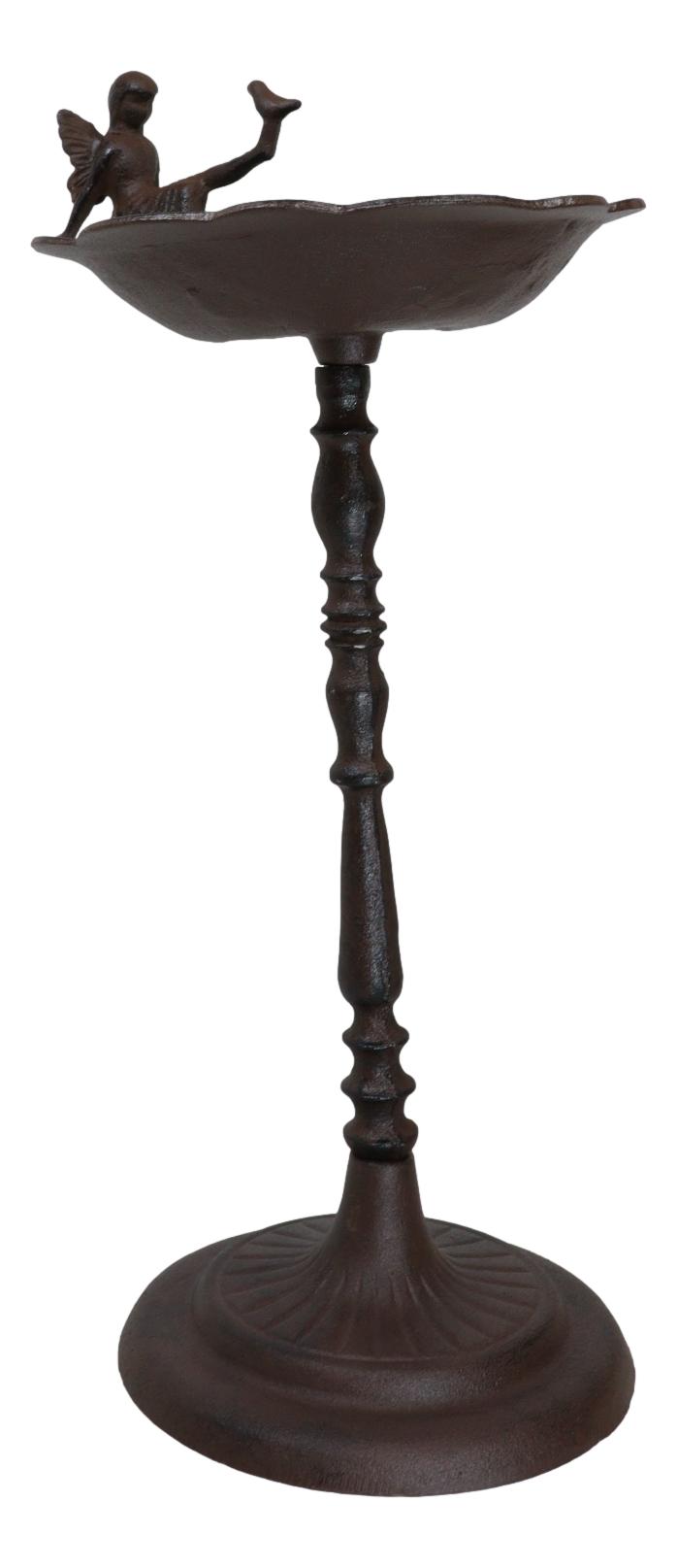 Ebros Gift Rustic Cast Iron Fairy Pixie Sitting On Flower Dish Garden Bird Feeder Bath 21"H