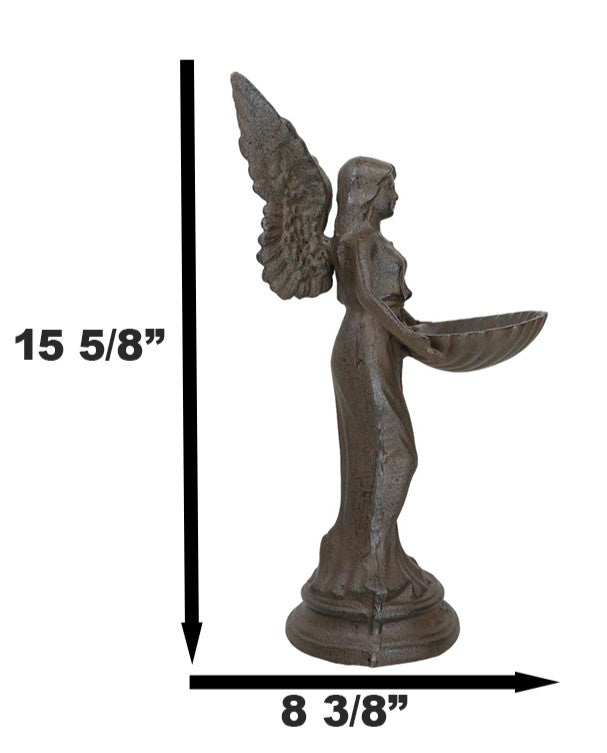 Ebros Gift Rustic Cast Iron Gabriel Angel Holding Shell Garden Bird Feeder Bath 15.5"H
