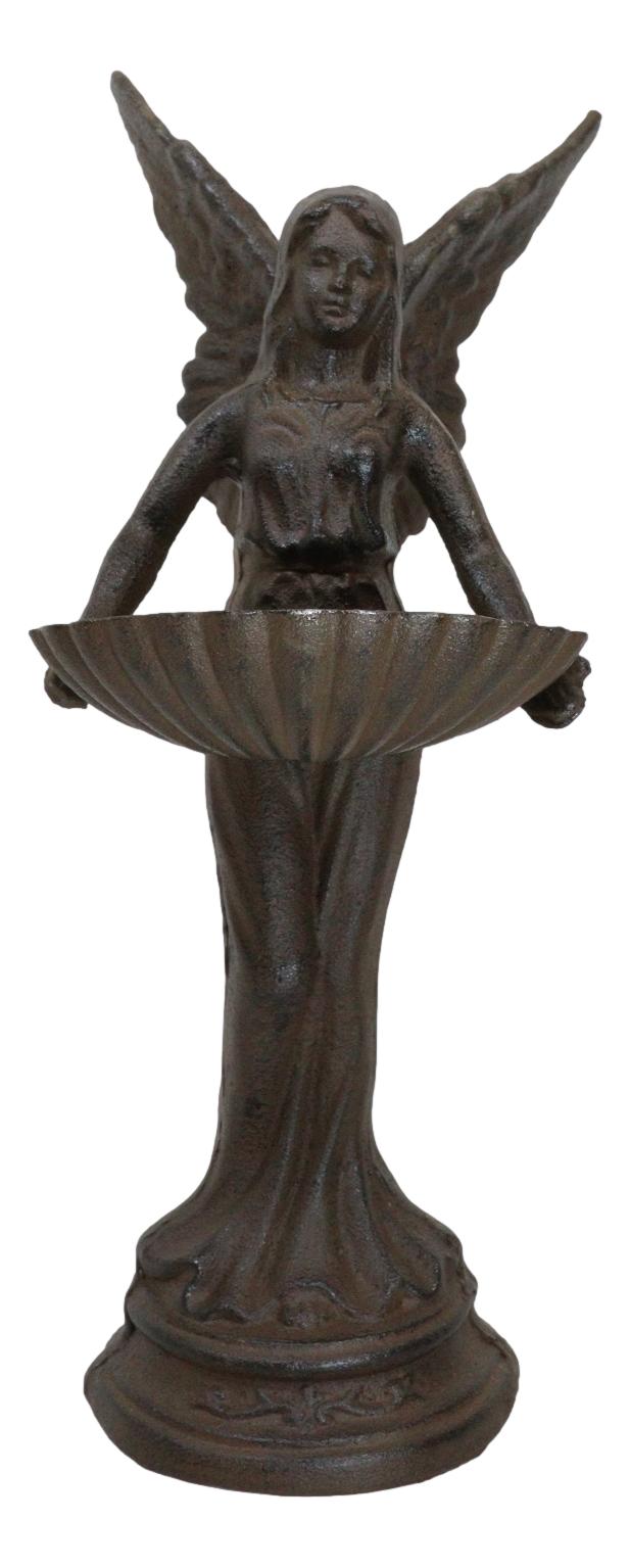 Ebros Gift Rustic Cast Iron Gabriel Angel Holding Shell Garden Bird Feeder Bath 15.5"H