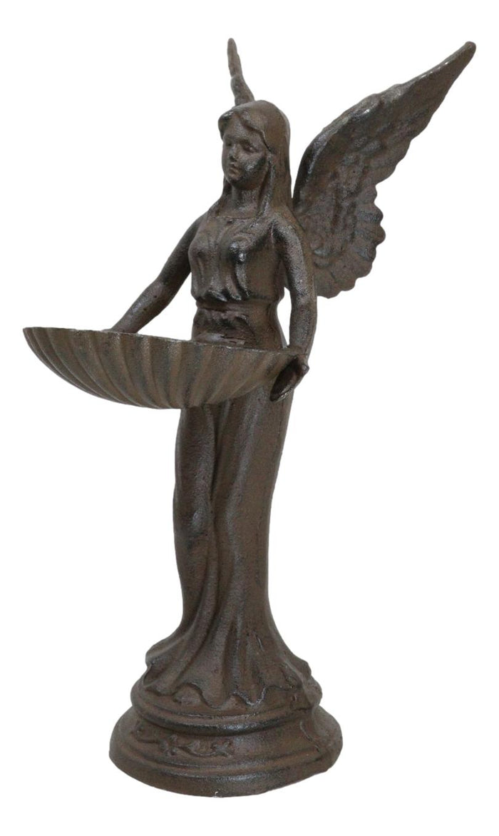 Ebros Gift Rustic Cast Iron Gabriel Angel Holding Shell Garden Bird Feeder Bath 15.5"H