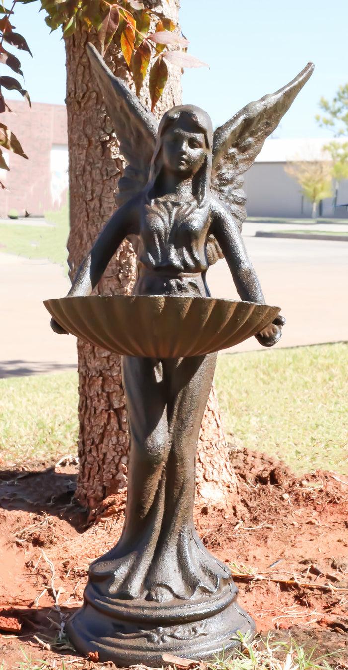 ebros gift Rustic Cast Iron Gabriel Angel Holding Shell Garden Bird Feeder Bath 15.5"H